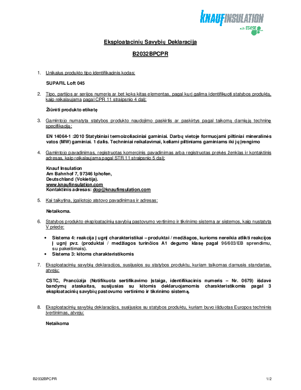 B2032BPCPR Supafil Loft Eksploatacinių savybių deklaracija