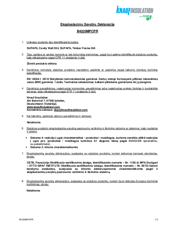 B4220MPCPR 034 Eksploatacinių savybių deklaracija