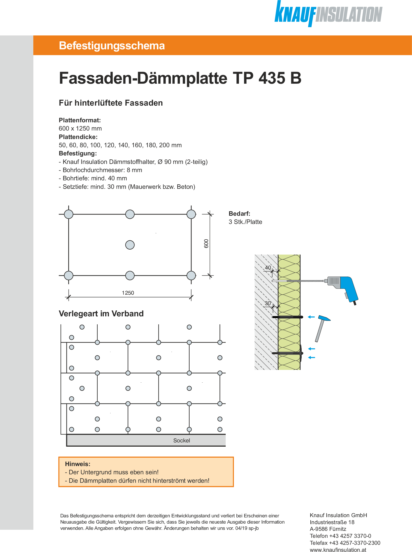 Fassaden-Dämmplatte TP 435 B, Befestigungsschema