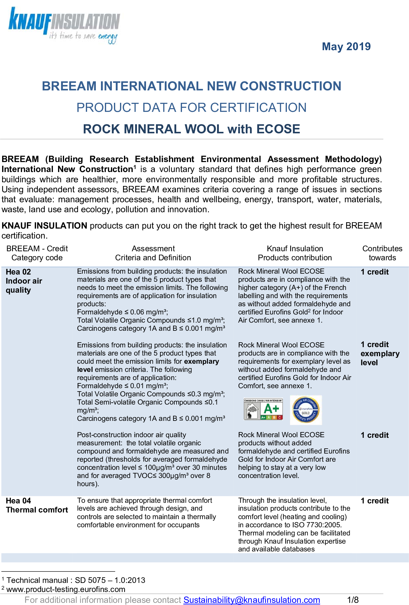BREEAM International NC - Compliance Rock Mineral Wool ECOSE