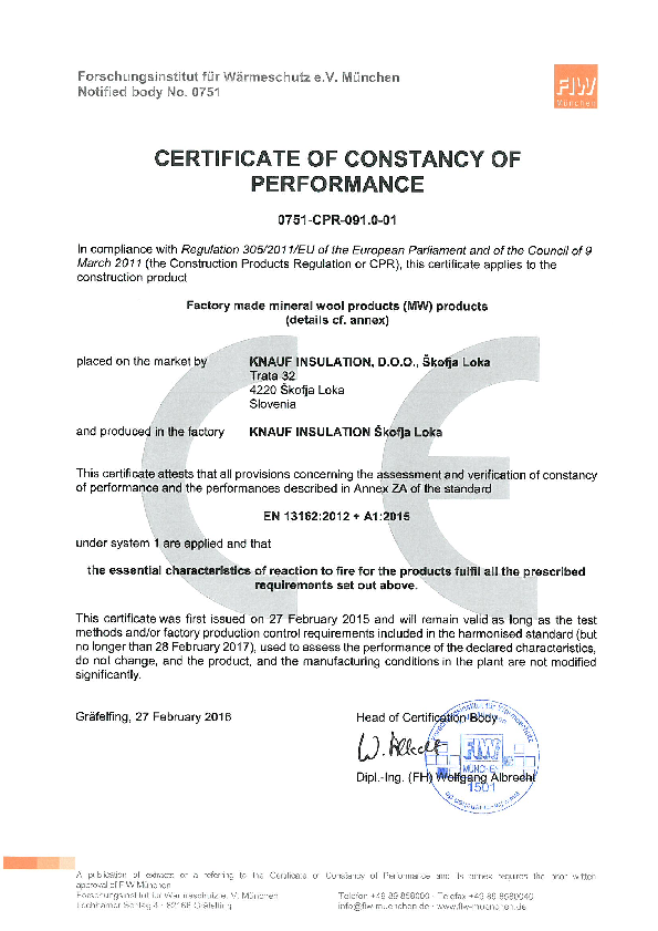 Certificate of constancy of performance