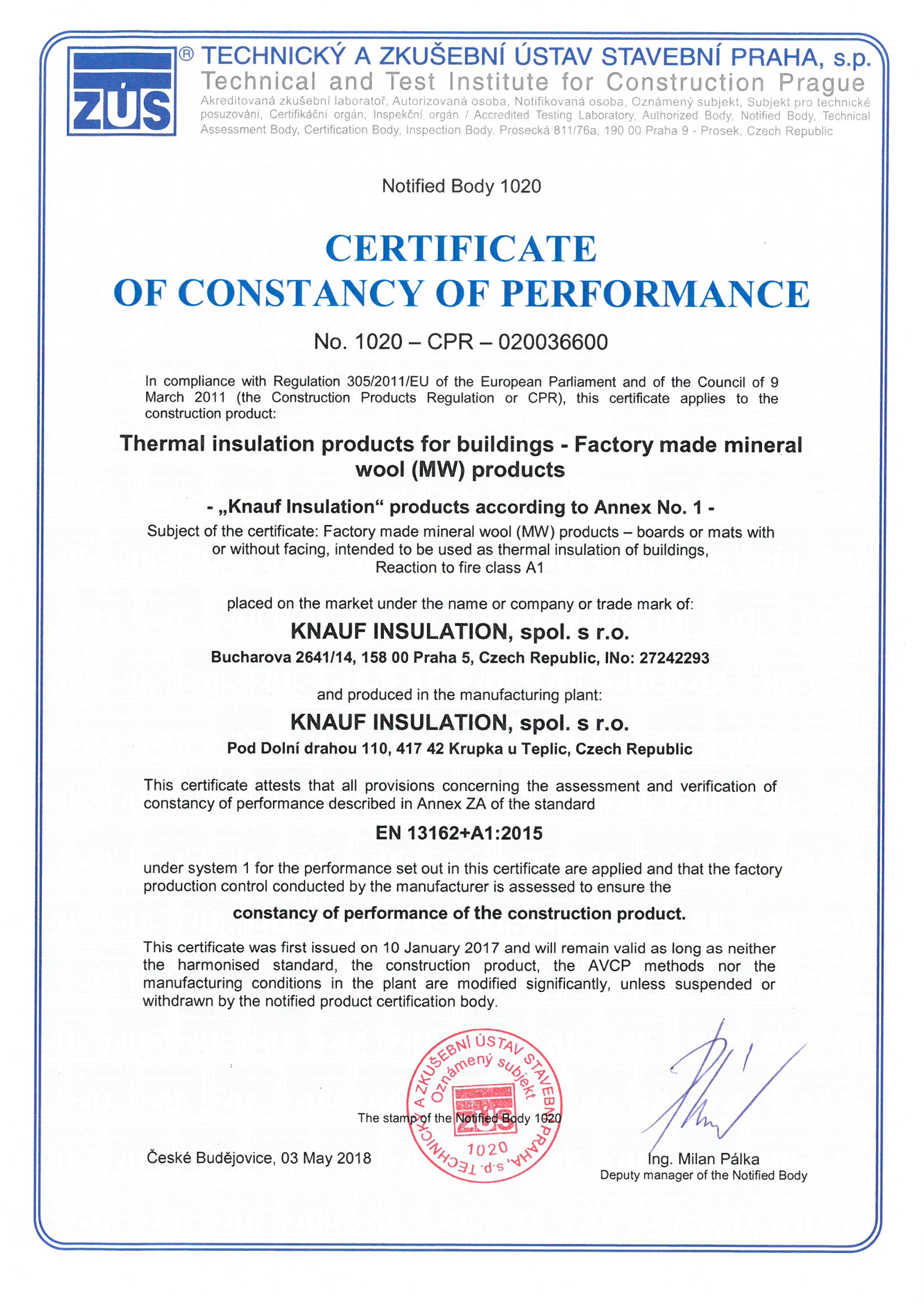 Certificate of Constancy of Performance