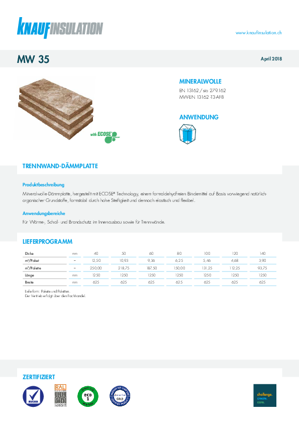 Datenblatt Knauf Insulation Trennwand-Dämmplatte Mineral Wool 35