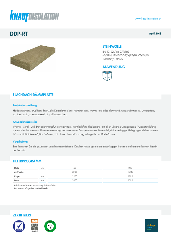 Datenblatt  Flachdach-Dämmplatte DDP-RT Steinwolle