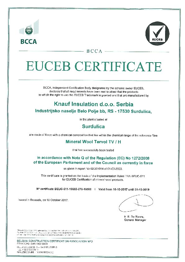 EUCEB Cert Mineral Wool Tervol TV H