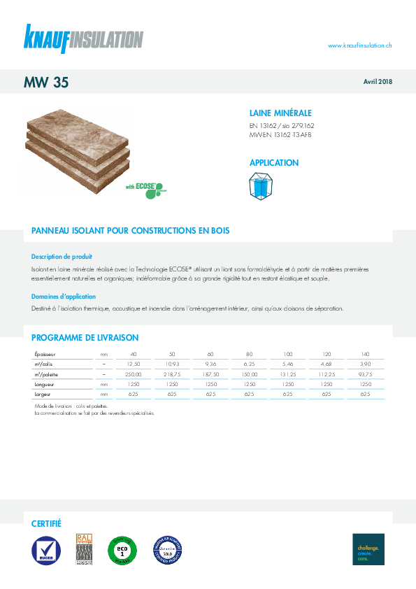 Fiche technique Panneau isolant pour constructions en bois Mineral Wool 35