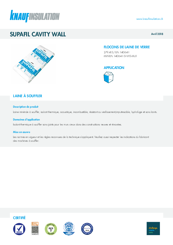 Fiche technique Supafil Cavity Wall