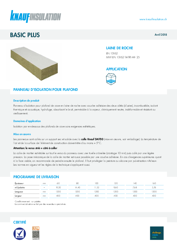 Fiche technique Panneau d’isolation pour plafond Basic Plus