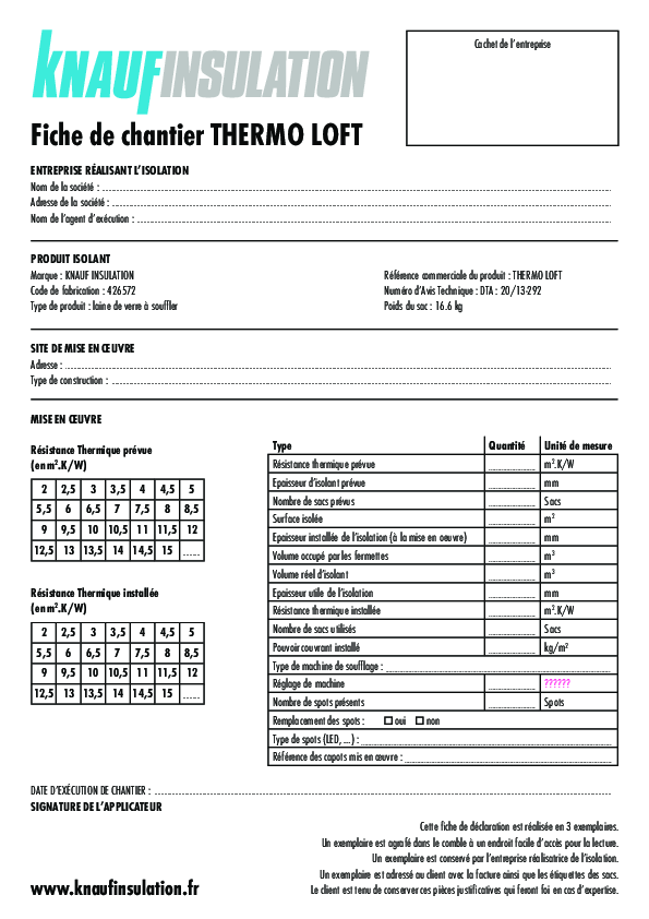 Fiche réglementaire chantier Thermo Loft