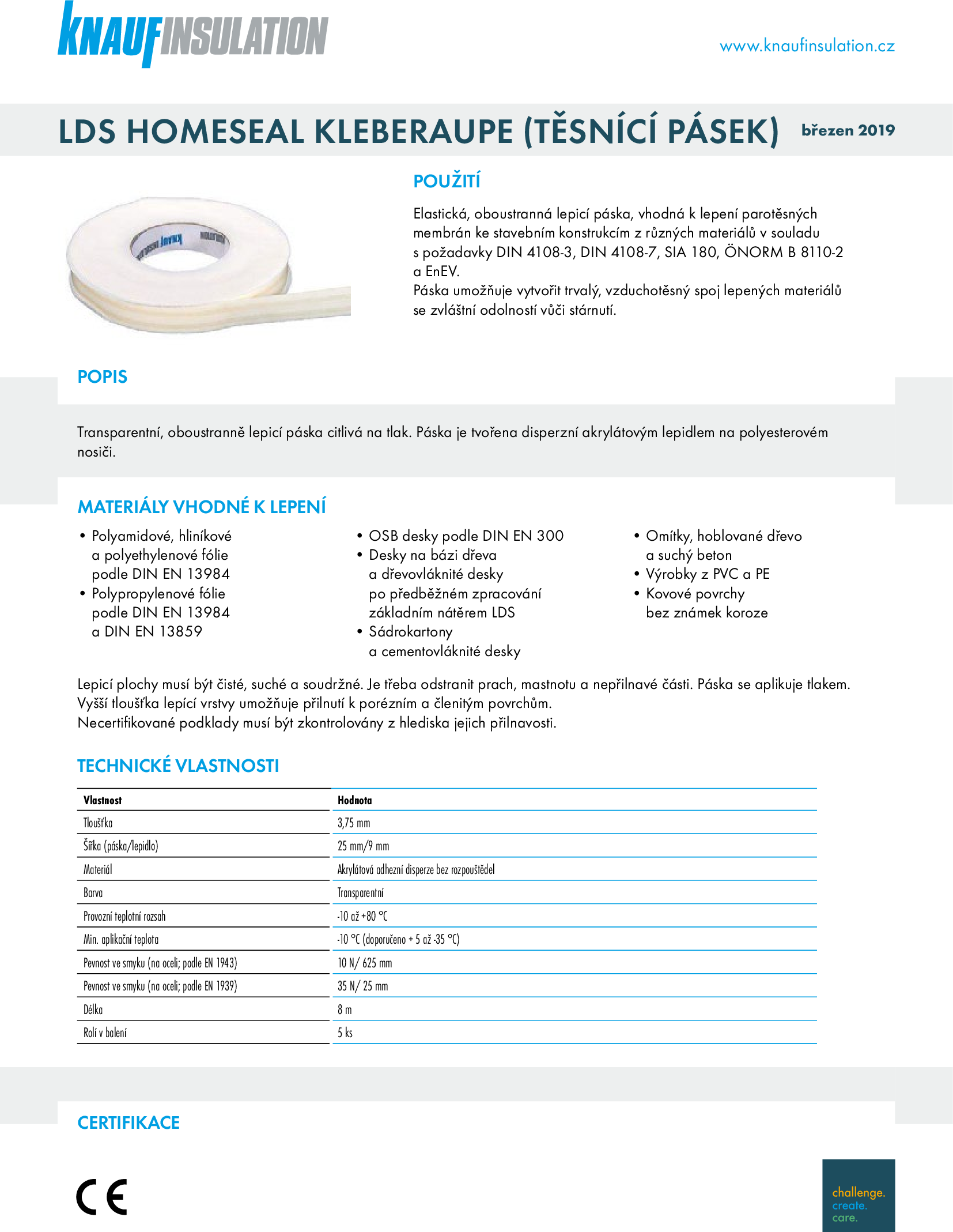 Technický list HOMESEAL LDS Kleberaupe (těsnící pásek)