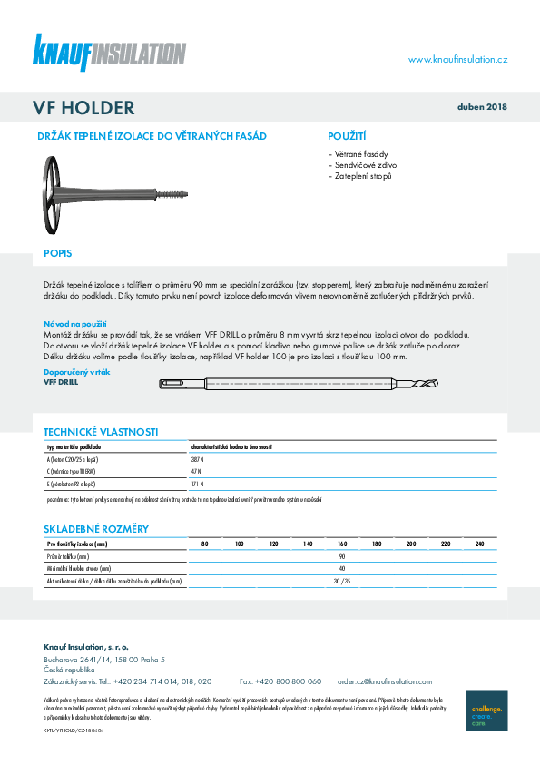 Technický list VF HOLDER - držák izolace