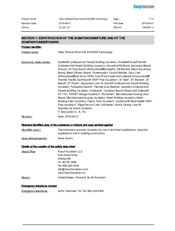 SDS | Safety Data Sheet - Glass Mineral Wool with ECOSE Technology