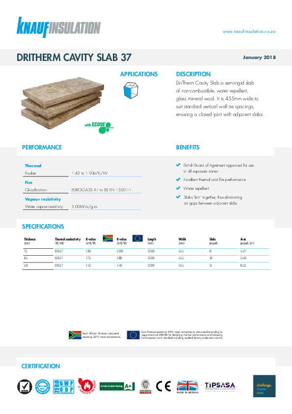 DriTherm Masonry Cavity Slab - Product Datasheet