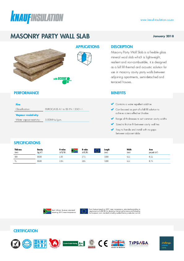 Masonry Party Wall Slab - Product Datasheet