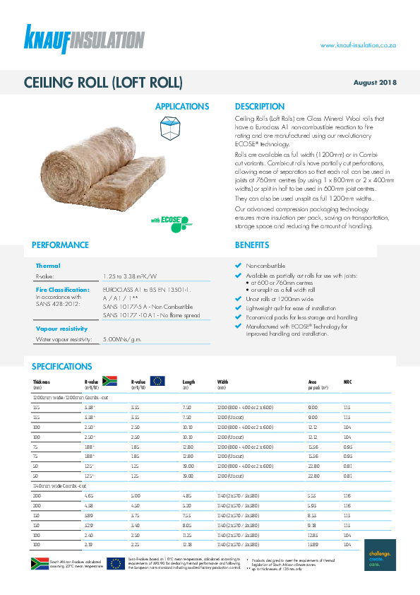 Ceiling Roll (Loft Roll/Un-cut) - Product Datasheet