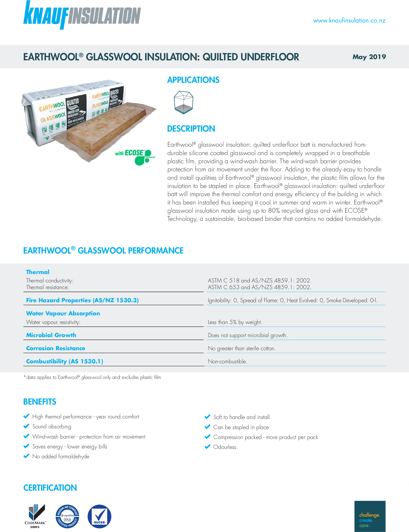 Earthwool glasswool insulation quilted underfloor datasheet