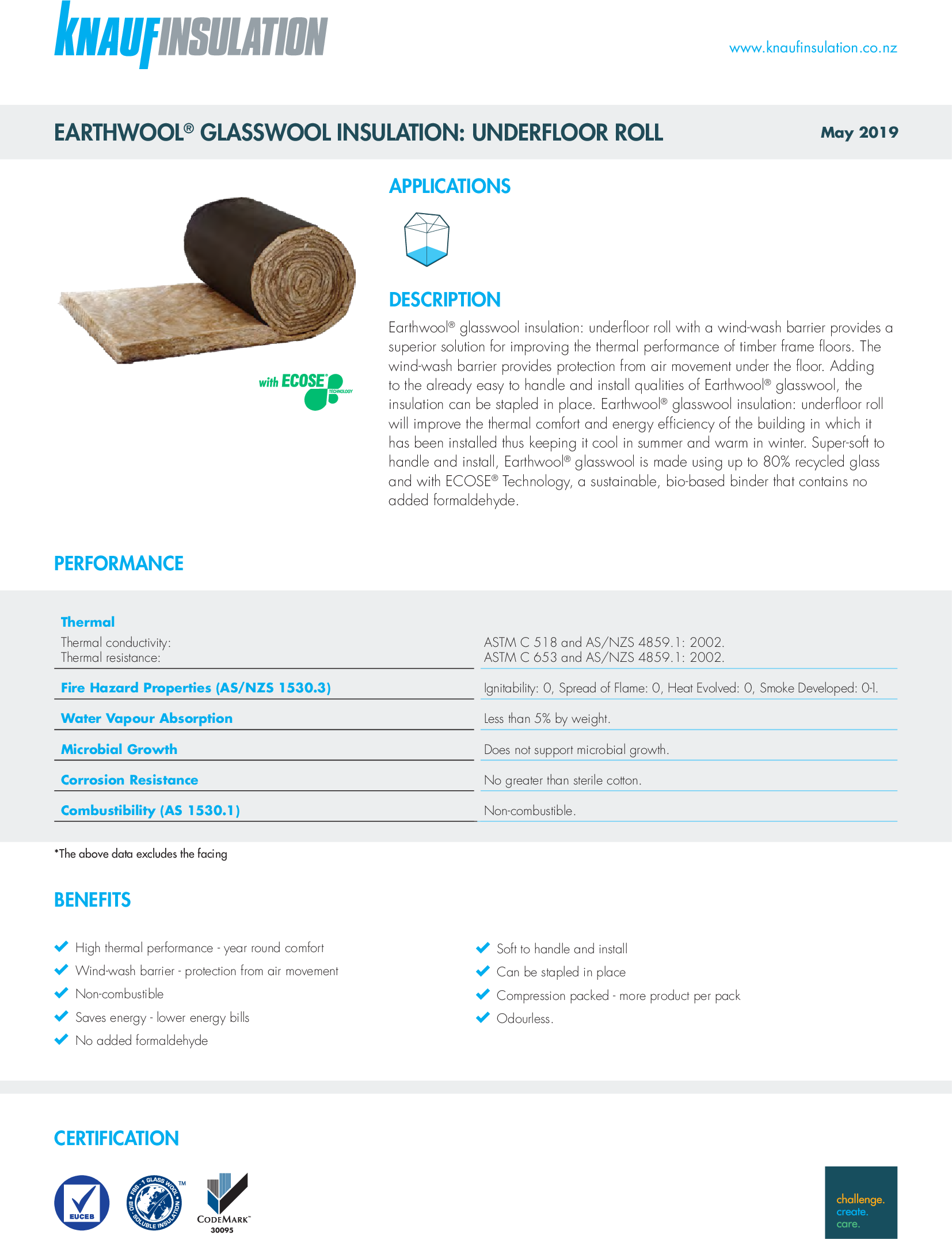 Earthwool glasswool insulation underfloor roll datasheet