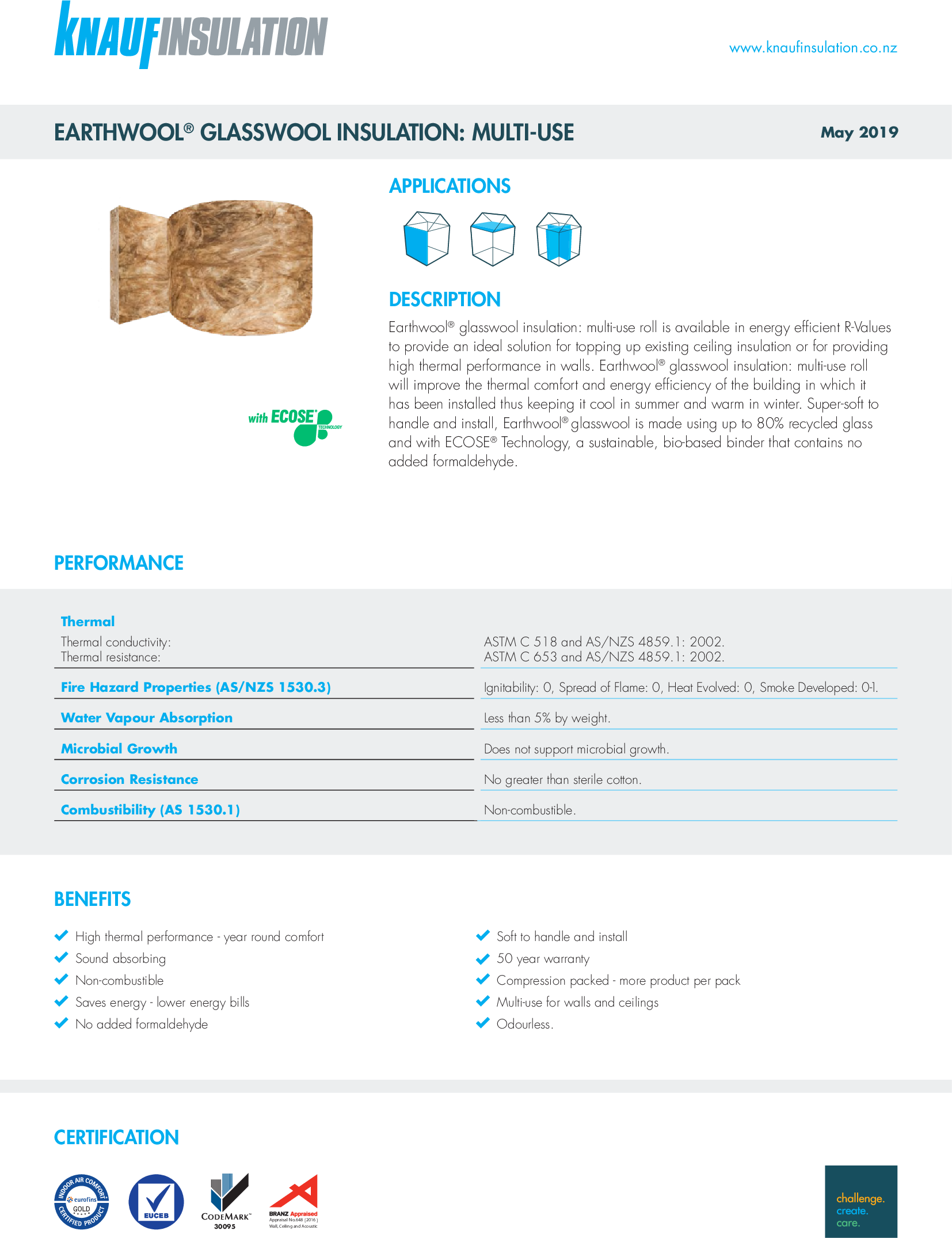 Earthwool glasswool insulation multi-use roll datasheet