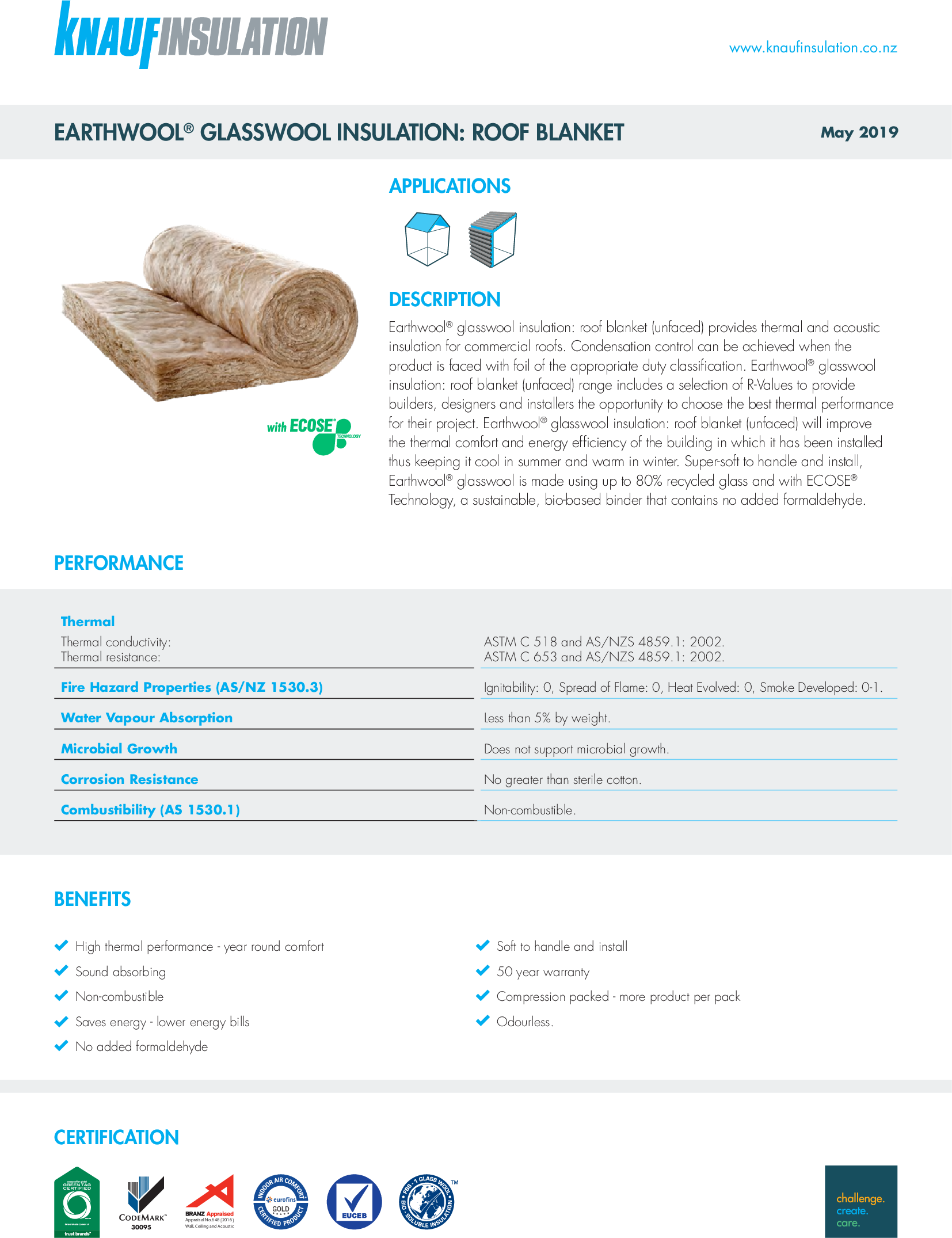 Earthwool glasswool insulation ceiling roll datasheet