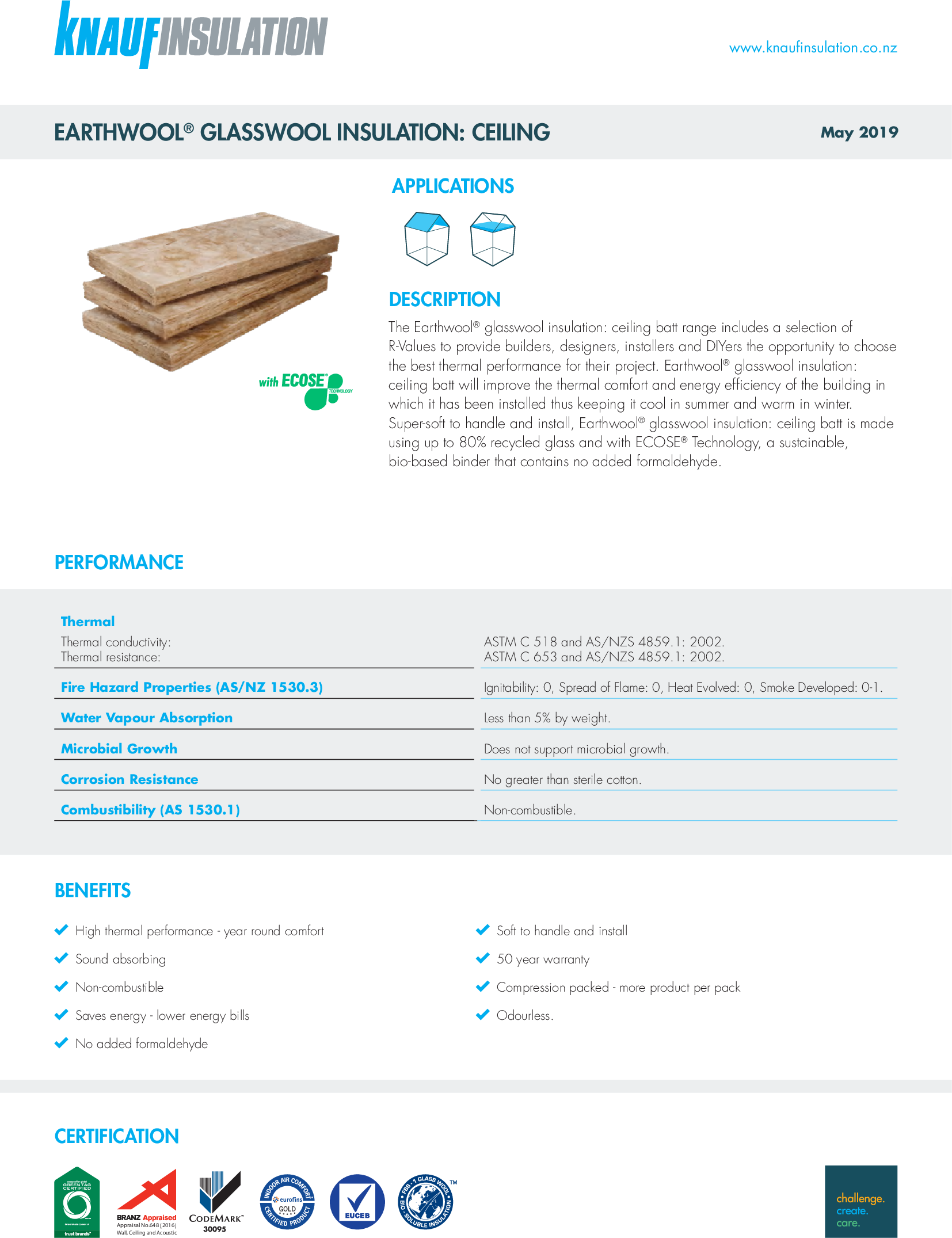 Earthwool glasswool insulation ceiling datasheet