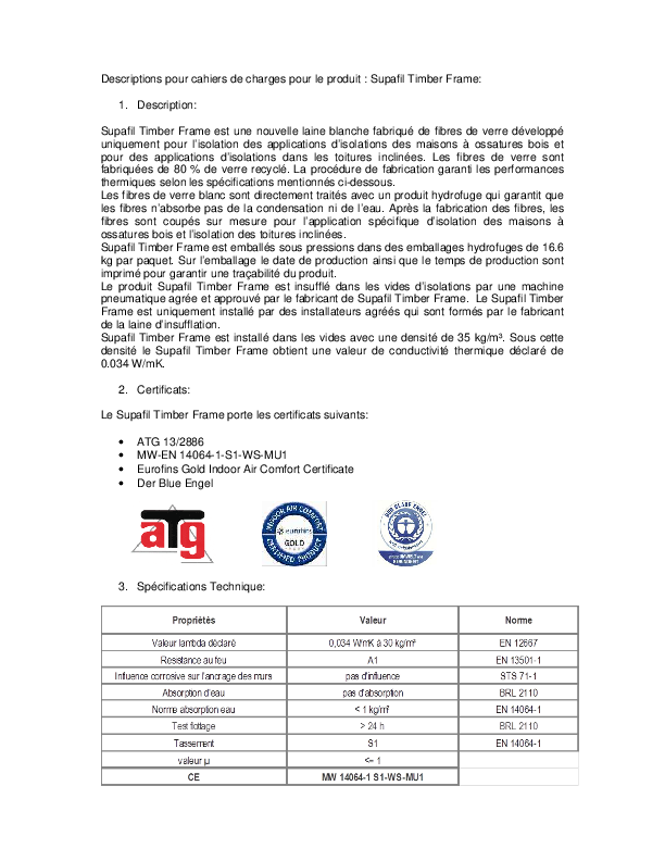 Cahier des charges Supafil Timber Frame