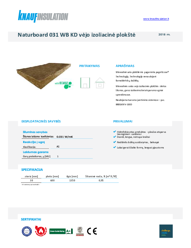 Naturboard WB KD Techninių duomenų lentelė