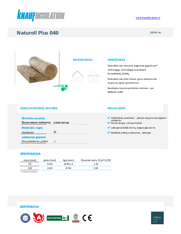 Naturoll Plus 040 Techninių duomenų lentelė