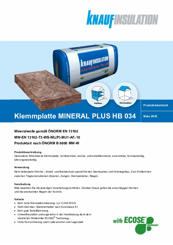 Klemmplatte MINERAL PLUS HB 034, Produktdatenblatt