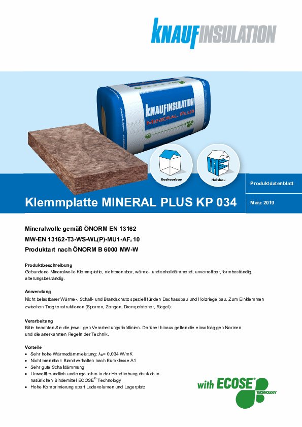 Klemmplatte MINERAL PLUS KP 034, Produktdatenblatt