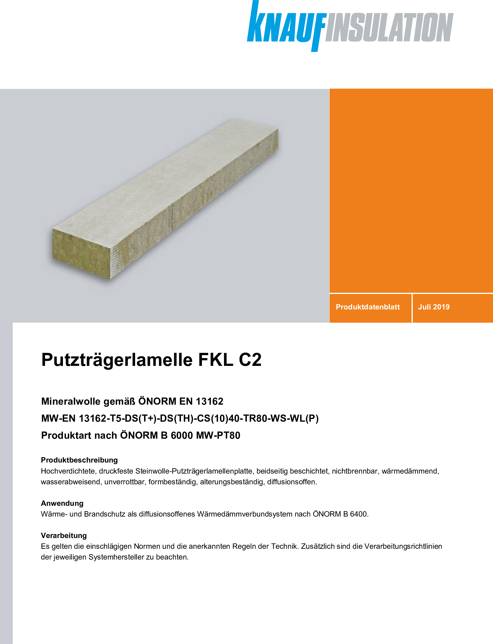 Putzträgerlamelle FKL C2, Produktdatenblatt