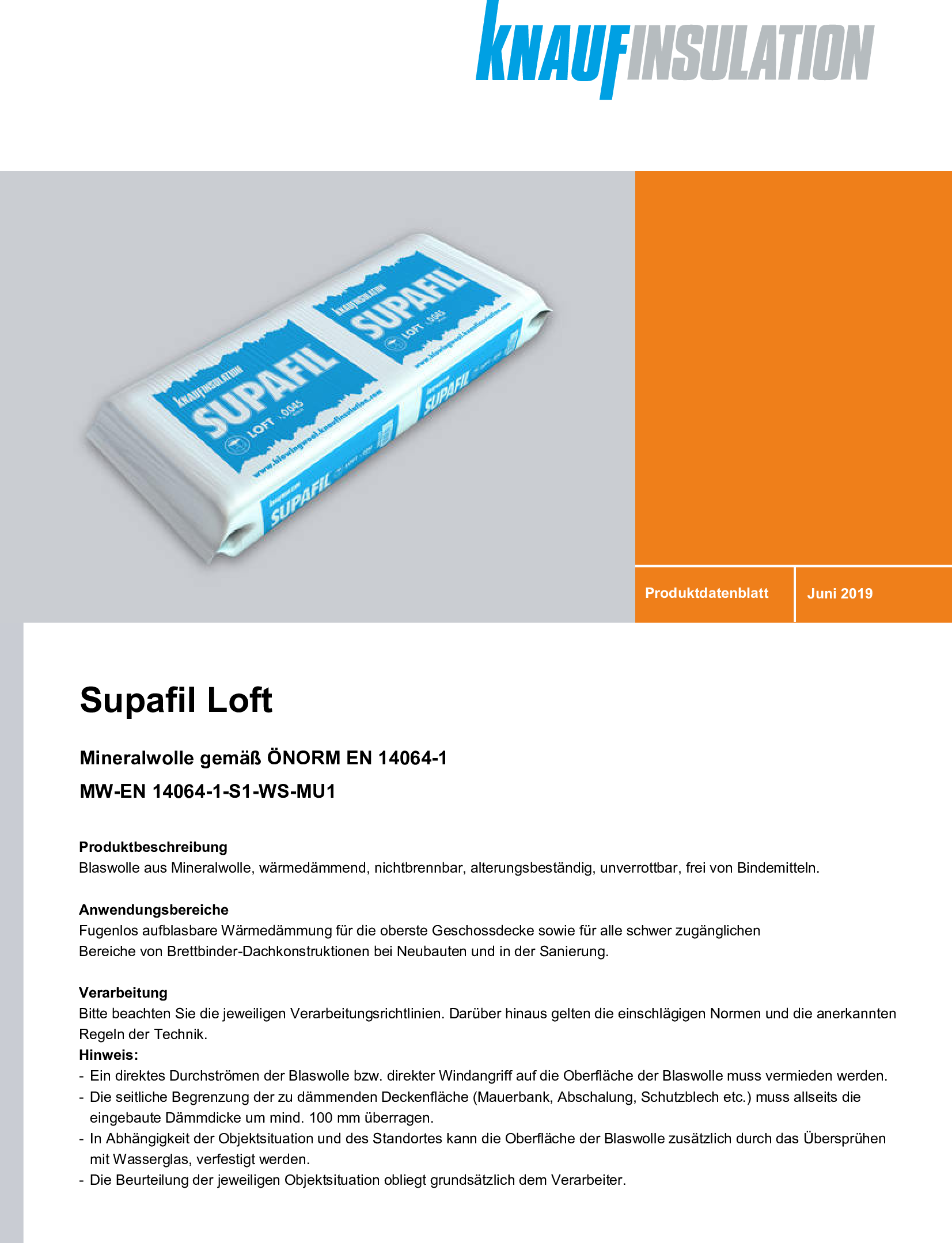 SUPAFIL Loft, Produktdatenblatt